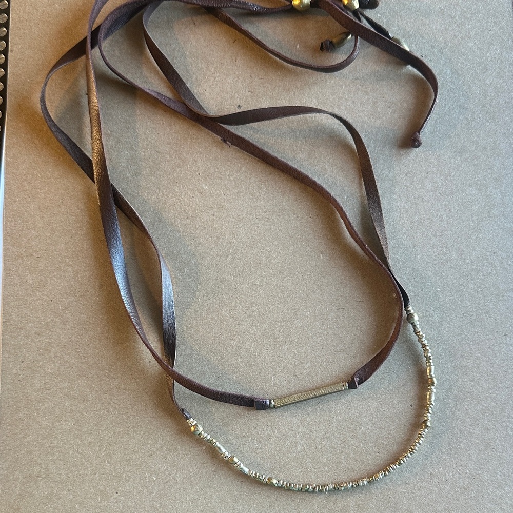Boho Brown leather and Antique Gold Beaded Necklace set
